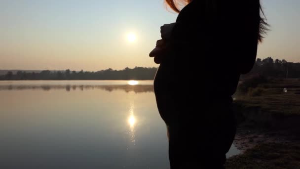 Una buena mujer embarazada rolics con zapatillas de bebé al atardecer — Vídeo de stock