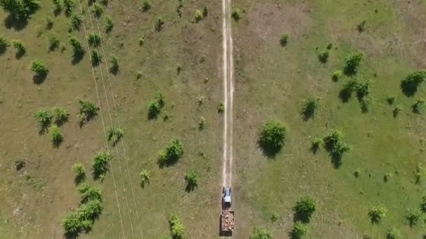 Traktorn flyttar på fältet vägen - antenn skott. — Stockvideo