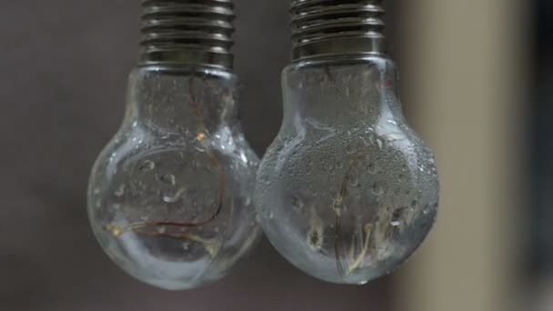 Dos bombillas antiguas cuelgan al aire libre después de la lluvia — Vídeos de Stock