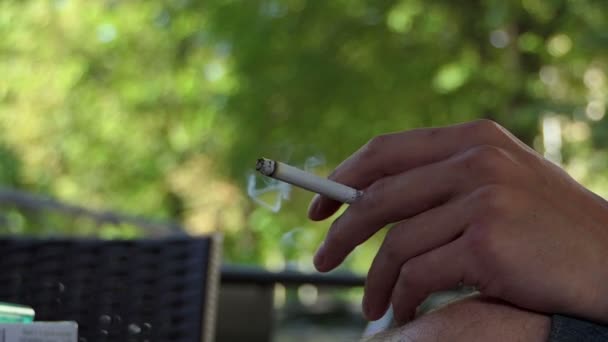 Ruka stále kouření cigaret venku mezi zelení v slo-mo — Stock video