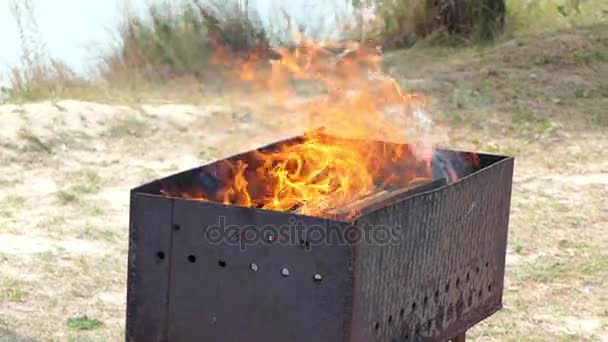 Fourches de flamme d’augmenter un brasero métallique sur une berge avec jonc en Slo-Mo — Video