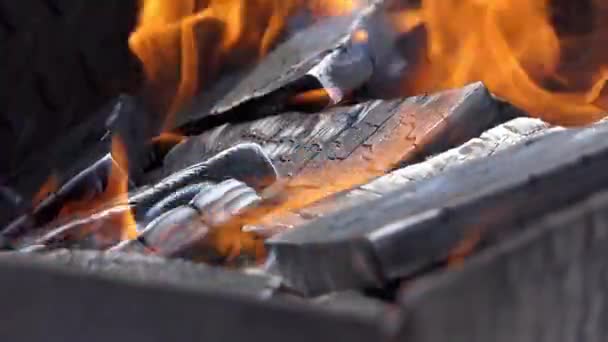 Gafflar av flammor stiga från en metall Brazier med kol på en flodstrand i Slo-Mo — Stockvideo