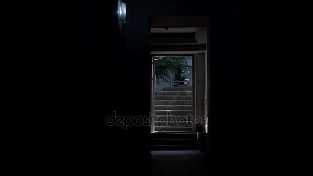 きらめくランプ、ドアを開けて、街路灯黒セラールーム — ストック動画