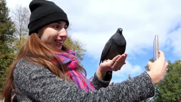 Una paloma se sienta en una mano de una mujer que sonríe y la fotografía — Vídeo de stock