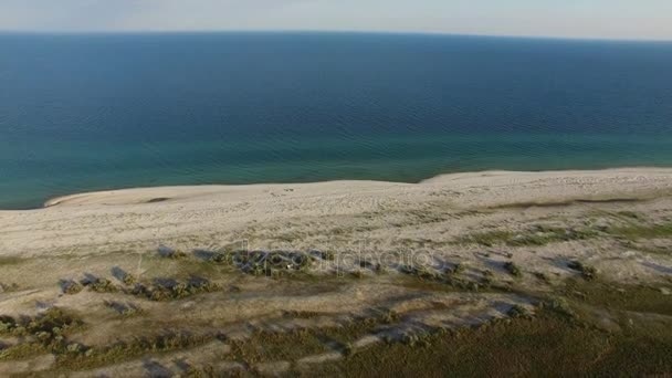 夏の青い海と Dzharylhach 島のサンディのつばの空中ショット — ストック動画