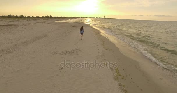 4k aerea - Bella ragazza cammina lungo una spiaggia di sabbia al tramonto . — Video Stock