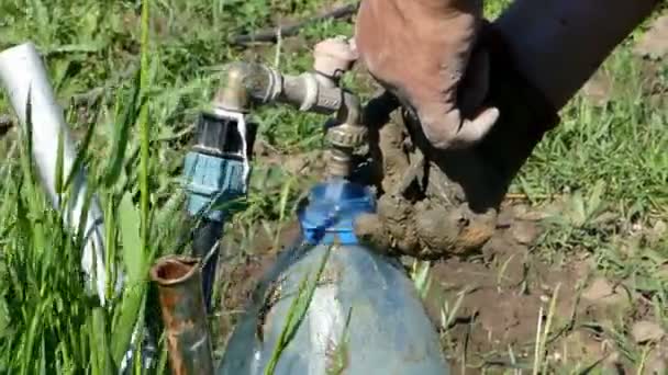 Een man giet water in een kunststof kuip uit de kraan van een veld in de zomer — Stockvideo