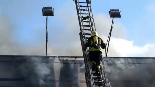 En brandman klättrar en hög metall trappa med gafflar av lågan under honom. — Stockvideo