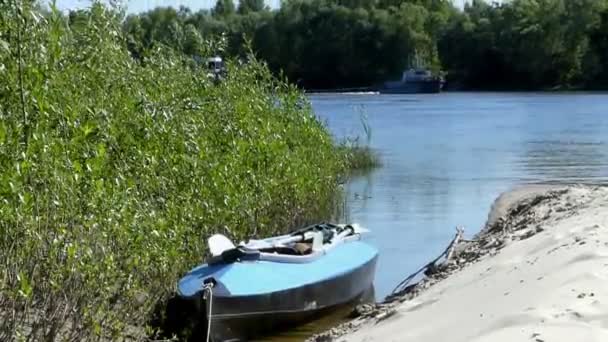 Un barco metálico con remos en la orilla de un lago con bastón — Vídeos de Stock
