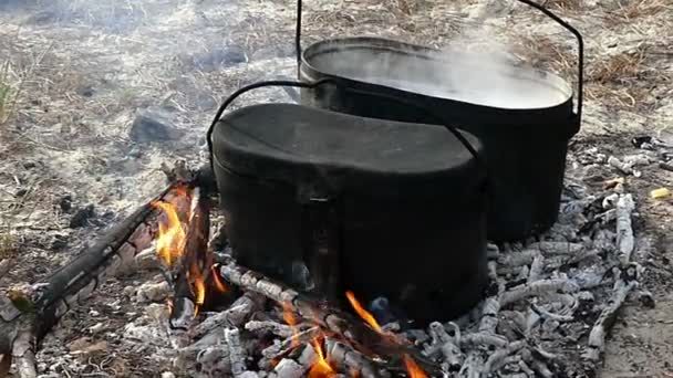 Dos calderas humeantes con vatio caliente sobre carbón vegetal en verano — Vídeo de stock