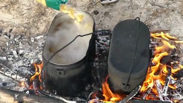 Two dark cauldrons with boiling watet on fire place in slow motion — Stock Video