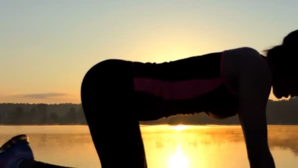 Mujer entrena complejo de fitness en sus rodillas y manos — Vídeo de stock