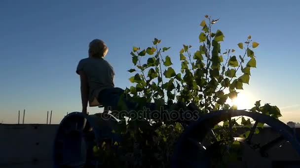 Ung man gör armhävningar på två cogweels vid solnedgången i slo-mo — Stockvideo