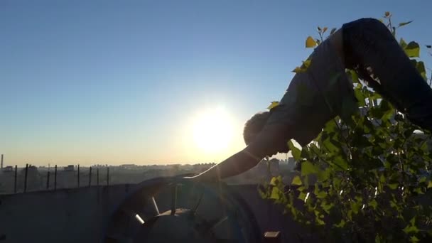 Sarışın adam slo-mo gün batımında yoga asana üzerinde iki cogwheels yok — Stok video