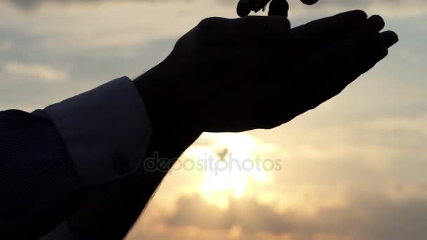 男性の手がスローモーションで夏のアウトドアをコインを投げる — ストック動画