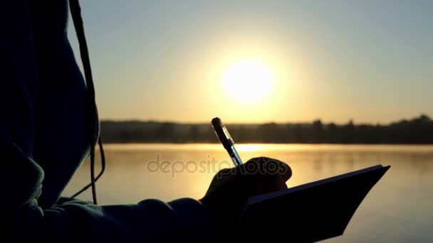 4k - kadının el bir panelinde bir şey aşağı yaz aylarında gün batımında yazıyor — Stok video