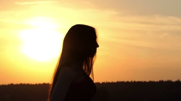 Silhouet uit meisje dat staande bij zonsondergang in slow motion. — Stockvideo