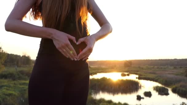 Fantastiska form av hjärtat på magen av gravid kvinna. — Stockvideo