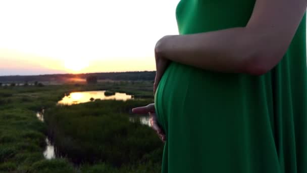 Belo pôr do sol e estômago grávida em vestido verde . — Vídeo de Stock