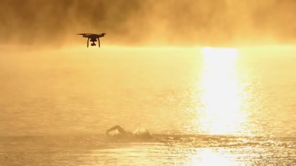 Ung man simmar crawl i en sjö vid solnedgången i slo-mo Drone är över. — Stockvideo