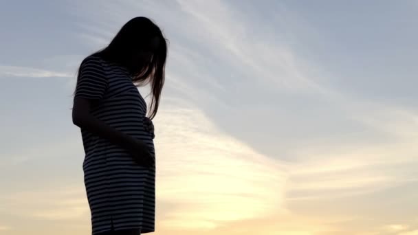 Nice pregnant woman stands on a lake bank at sunset in slo-mo — Stock Video