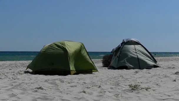 Två tält under skurar av vinden på en sandig havskusten i slo-mo — Stockvideo