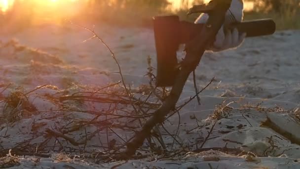 Sekera řeže větvičky větve stromu na pobřeží při západu slunce v slo-mo — Stock video