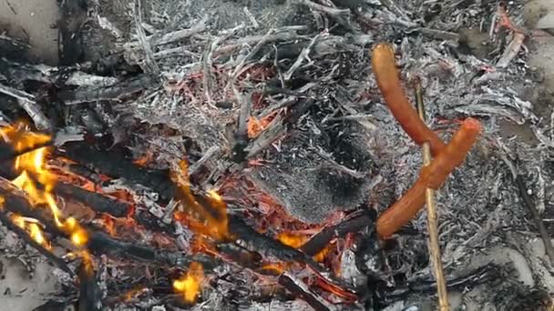 Due salsicce su un bastone di legno sono fritte su un falò in slo-mo — Video Stock