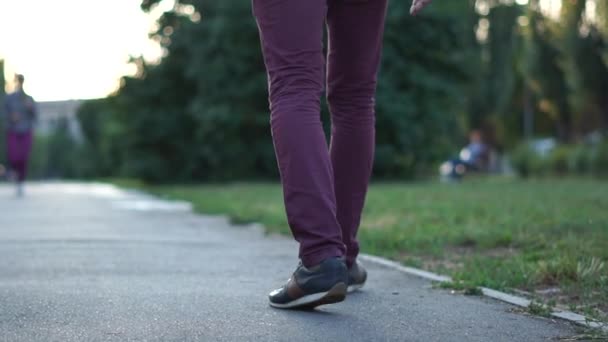 Un gars marche le long de l'allée du parc, vue du dos au ralenti — Video