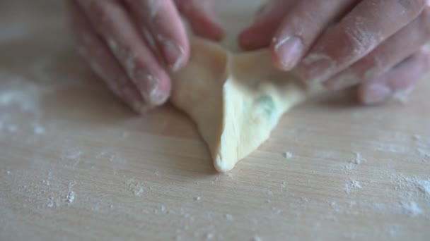 Plan rapproché de la préparation de tarte en forme de triangle à partir de la pâte au ralenti . — Video