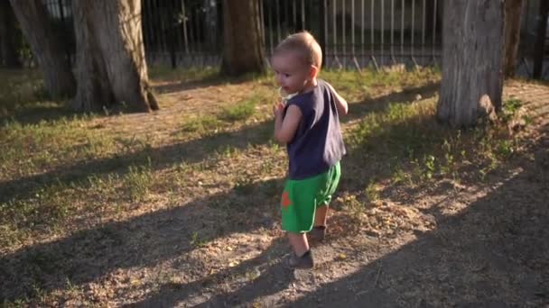Счастливый маленький мальчик с мячом в руках улыбается и смеется в замедленной съемке . — стоковое видео