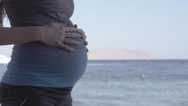 Tender kvinna rör sin gravida mage vid Röda havets strand — Stockvideo