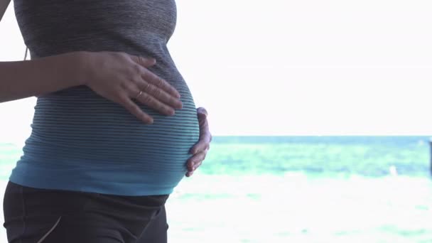 Trevlig kvinna klappar sin gravida mage vid Röda havets strand — Stockvideo