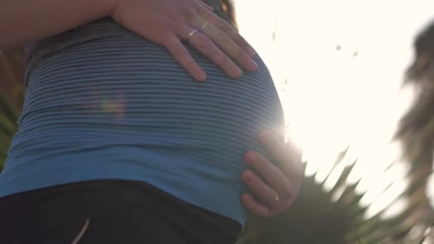 Schöne Frau hält schwangeren Bauch am Meeresufer bei Sonnenuntergang — Stockvideo