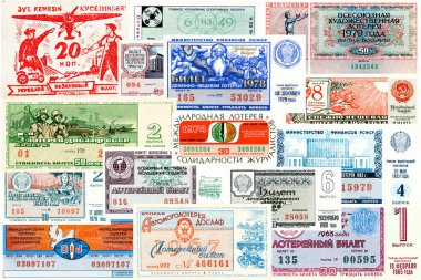 SSCB - çeşitli yıl sayısında: devlet piyango bileti farklı yıl SSCB döneminde üretildi. Kolaj