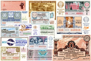 SSCB - çeşitli yıl sayısında: devlet piyango bileti farklı yıl SSCB döneminde üretildi. Kolaj