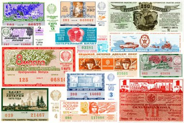 SSCB - çeşitli yıl sayısında: devlet piyango bileti farklı yıl SSCB döneminde üretildi. Kolaj