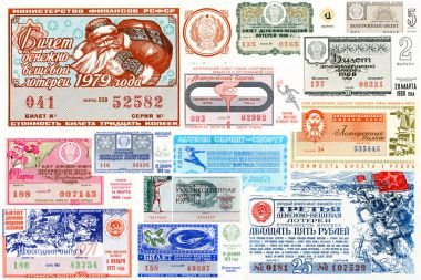 SSCB - çeşitli yıl sayısında: devlet piyango bileti farklı yıl SSCB döneminde üretildi. Kolaj