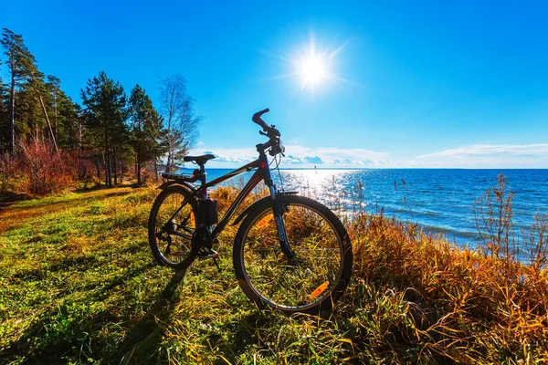 Bike in backlighting on the coast of the river — Stock Photo, Image