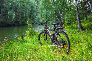 Ayrı bir nehir (Ob Nehri'nin bir kolu), Novosibirsk Oblastı, Sibirya, Rusya Federasyonu - 21 Temmuz 2017: yaz aylarında nehir üzerinde bir dağ bisikleti
