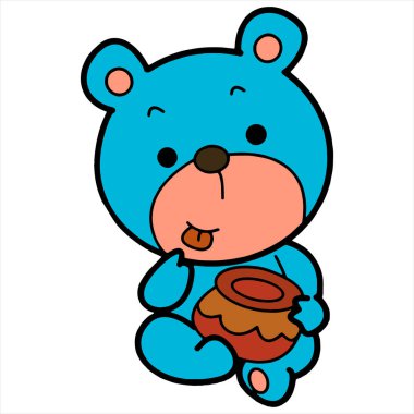 Sevimli çizgi ayı çocuk parmak, t-shirt, renkli kitap, çocuklar için eğlenceli ve samimi karakteri için beyaz zemin üzerine bal ile