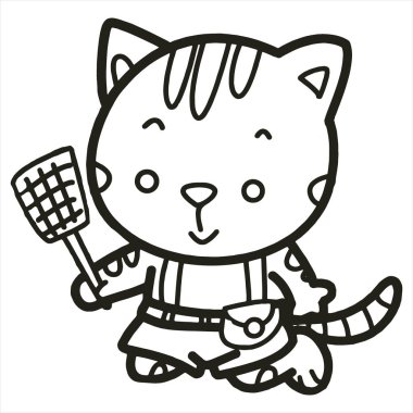 Sevimli çizgi kedi çocuk için beyaz arka plan üzerinde yazdırır, t-shirt, renkli kitap, çocuklar için eğlenceli ve samimi karakter