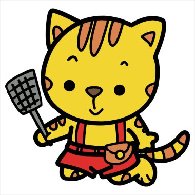 Sevimli çizgi kedi çocuk için beyaz arka plan üzerinde yazdırır, t-shirt, renkli kitap, çocuklar için eğlenceli ve samimi karakter