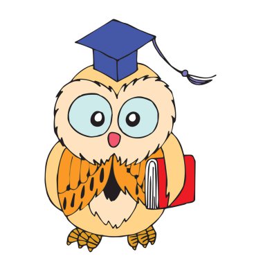 Sevimli çizgi baykuş çocuk için beyaz arka plan üzerinde yazdırır, t-shirt, renkli kitap, çocuklar için eğlenceli ve samimi karakter