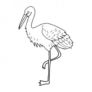 Sevimli çizgi leylek çocuk için beyaz arka plan üzerinde yazdırır, t-shirt, renkli kitap, çocuklar için eğlenceli ve samimi karakter