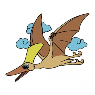 Sevimli çizgi pterodactyl çocuk için beyaz arka plan üzerinde yazdırır, t-shirt, renkli kitap, çocuklar için eğlenceli ve samimi karakter