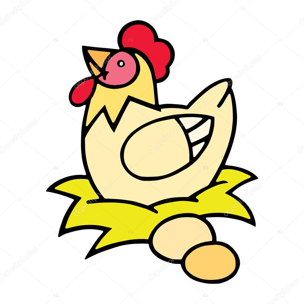 Cute cartoon hen on white background for childrens prints, t-shirt, color book, funny and friendly character for kids
