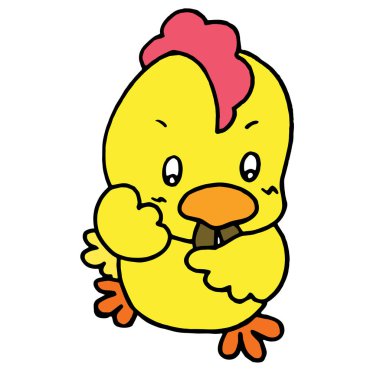 Sevimli çizgi tavuk çocuk için beyaz arka plan üzerinde yazdırır, t-shirt, renkli kitap, çocuklar için eğlenceli ve samimi karakter