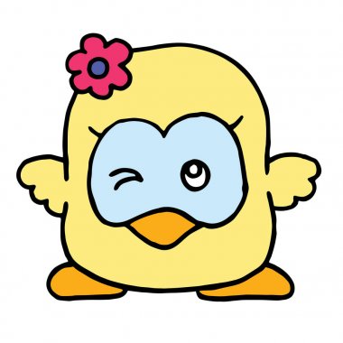 Sevimli çizgi tavuk çocuk için beyaz arka plan üzerinde yazdırır, t-shirt, renkli kitap, çocuklar için eğlenceli ve samimi karakter