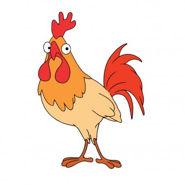 Sevimli çizgi horoz çocuk için beyaz arka plan üzerinde yazdırır, t-shirt, renkli kitap, çocuklar için eğlenceli ve samimi karakter